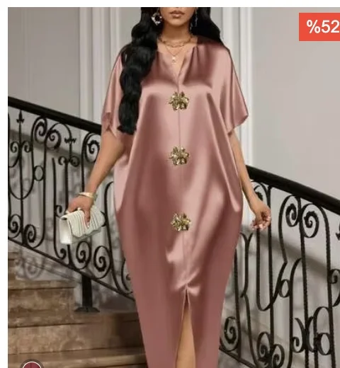 فستان ساتان وردي ذهبي